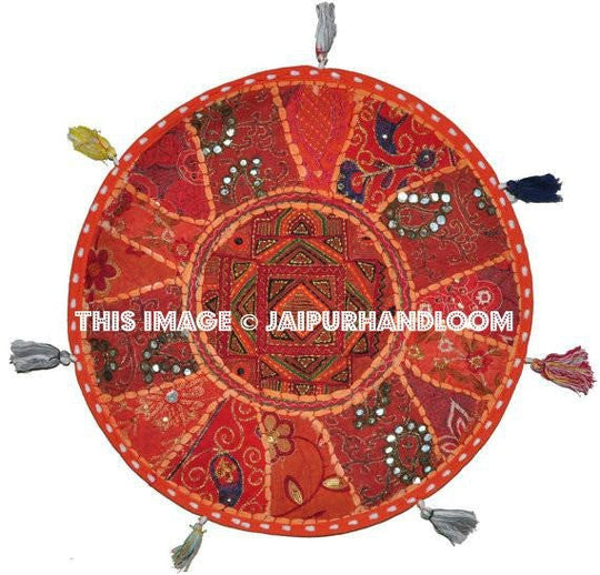 On Sale XL 32" Round Floor Pillow Cushion in Orange gypsy Bohemian Patchwork floor cushion pouf Vintage Indian Foot Stool Bean Bag-Jaipur Handloom