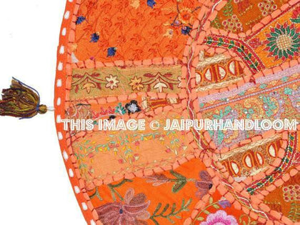 Orange 22" Decorative Round Floor Pillow in Blue Cushion round embroidered Bohemian floor cushion pouf Vintage Indian Foot Stool Bean Bag-Jaipur Handloom