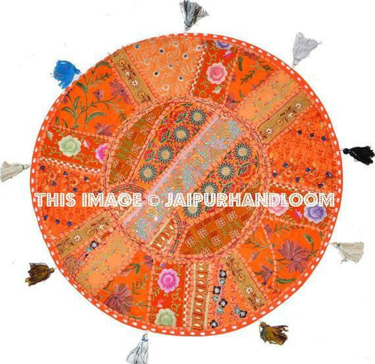 Orange 22" Decorative Round Floor Pillow in Blue Cushion round embroidered Bohemian floor cushion pouf Vintage Indian Foot Stool Bean Bag-Jaipur Handloom