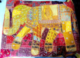 Orange Elephant Bed cover Indian Handmade Patchwork Tapestry-Jaipur Handloom