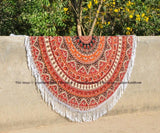 Orange Elephant Mandala Thin Sheet Mandala Roundie Beach Throw-Jaipur Handloom