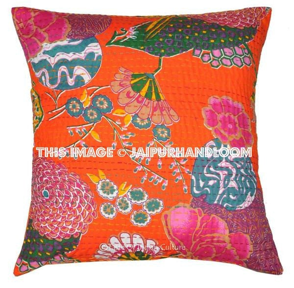Orange Floral Kantha Cushion covers, Extra large Indian decorative throw pillows, Handmade Floral Kantha Pillow, Sofa Pillow, Meditation Pillows-Jaipur Handloom