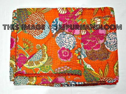Orange Kantha Bedspread, Twin Kantha Bedcover, Reversible Handmade Bedsheet Blanket, Sofa Throw-Jaipur Handloom