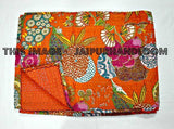 Orange Kantha Bedspread, Twin Kantha Bedcover, Reversible Handmade Bedsheet Blanket, Sofa Throw-Jaipur Handloom