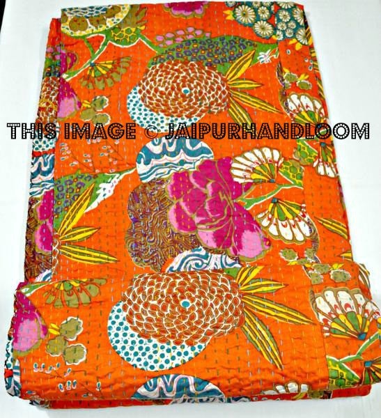 Orange Kantha Bedspread, Twin Kantha Bedcover, Reversible Handmade Bedsheet Blanket, Sofa Throw-Jaipur Handloom