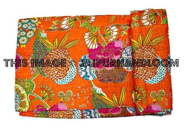 Orange Kantha Bedspread, Twin Kantha Bedcover, Reversible Handmade Bedsheet Blanket, Sofa Throw-Jaipur Handloom