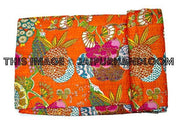 Orange Kantha Bedspread, Twin Kantha Bedcover, Reversible Handmade Bedsheet Blanket, Sofa Throw-Jaipur Handloom