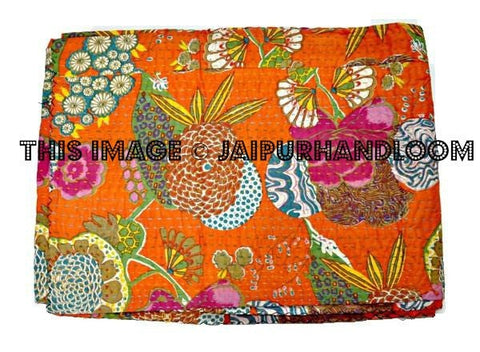 Orange Kantha Bedspread, Twin Kantha Bedcover, Reversible Handmade Bedsheet Blanket, Sofa Throw-Jaipur Handloom