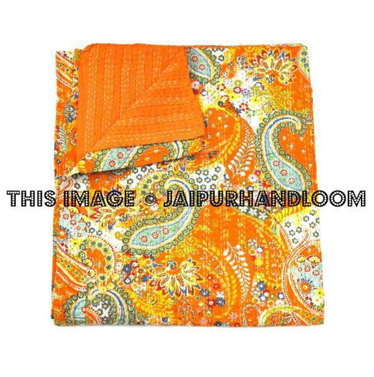 Orange Paisley Kantha Throw Queen Kantha bed Cover Quilted Blanket