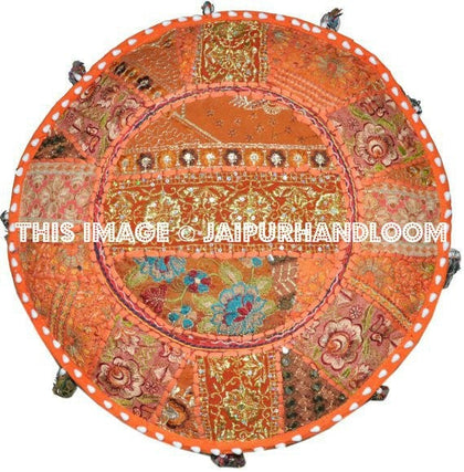Orange Pouf ottomans round tufted ottoman footstool pouf-Jaipur Handloom