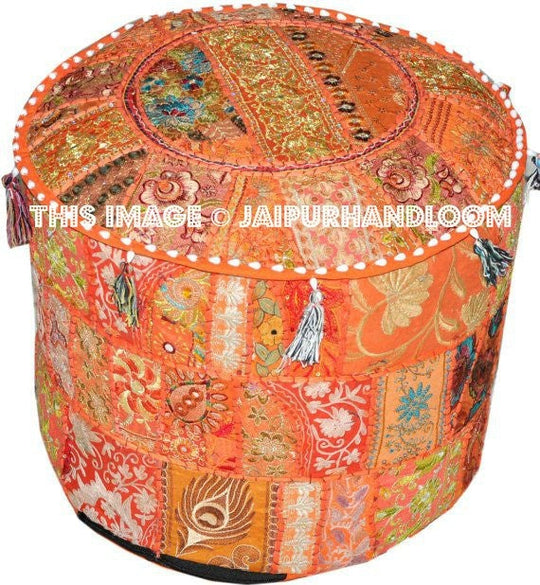 Orange Pouf ottomans round tufted ottoman footstool pouf-Jaipur Handloom