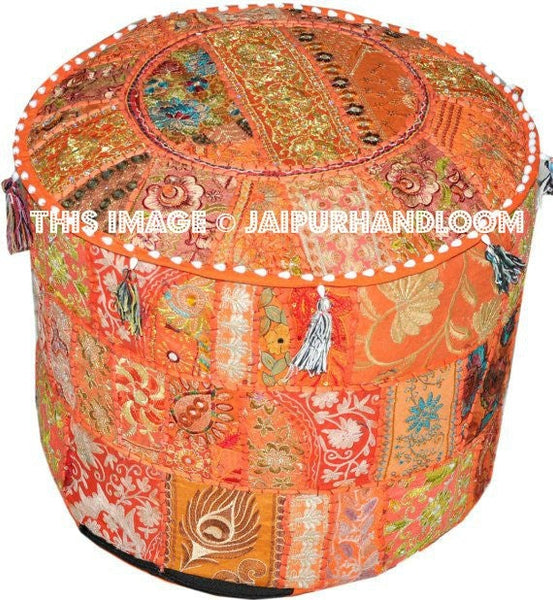Orange Pouf ottomans round tufted ottoman footstool pouf-Jaipur Handloom
