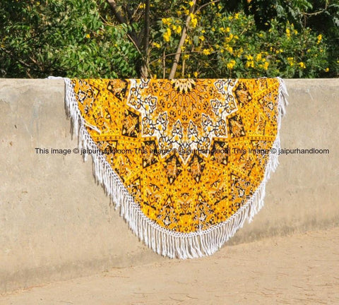 Orange Psychedelic 3-D Star Mandala Round Beach Throw, Beach Round Towel-Jaipur Handloom