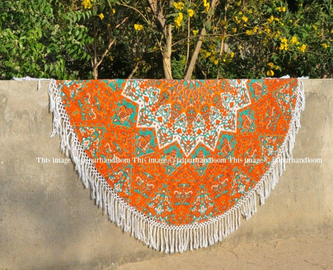 Orange Psychedelic 3D Star Mandala Round Beach Throw Beach Round Towel-Jaipur Handloom