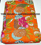 Orange Queen Kantha Quilt Blanket Throw Bedspread-Jaipur Handloom