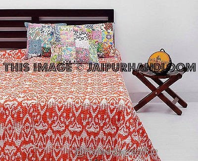Orange Queen Kantha Quilt Ikat Quilt Ikat Bedspread Bohemian Bedding Indian Sari Quilt-Jaipur Handloom