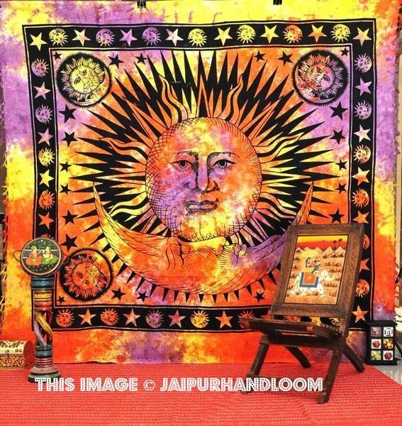 Orange Sun Tapestry Multi tie dye Sun and Moon tapestry Wall hanging-Jaipur Handloom