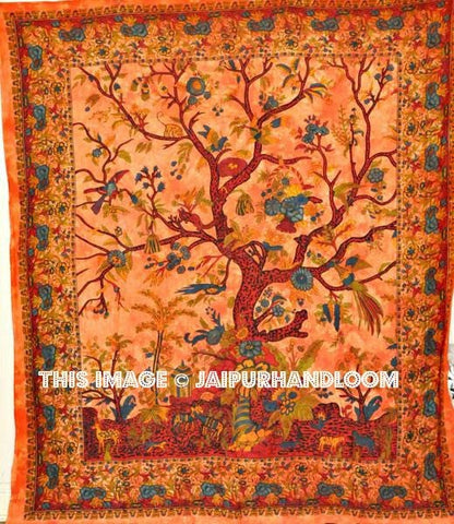 Orange Tree Of Life Tapestry Hippie Tapestries Wall Tapestries-Jaipur Handloom