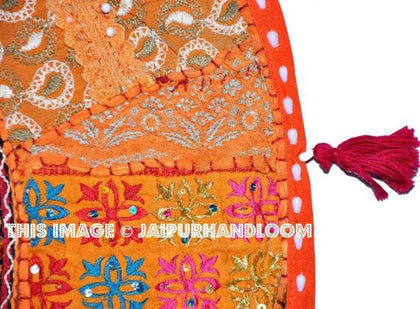 Orange XL 22" Patchwork Round Floor Pillow Indian embroidered Foot Stool Bean Bag-Jaipur Handloom