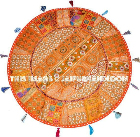Orange XL 22" Patchwork Round Floor Pillow Indian embroidered Foot Stool Bean Bag-Jaipur Handloom