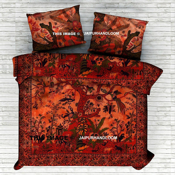 Orange tree of life queen bedding set with matching pillow covers-Jaipur Handloom