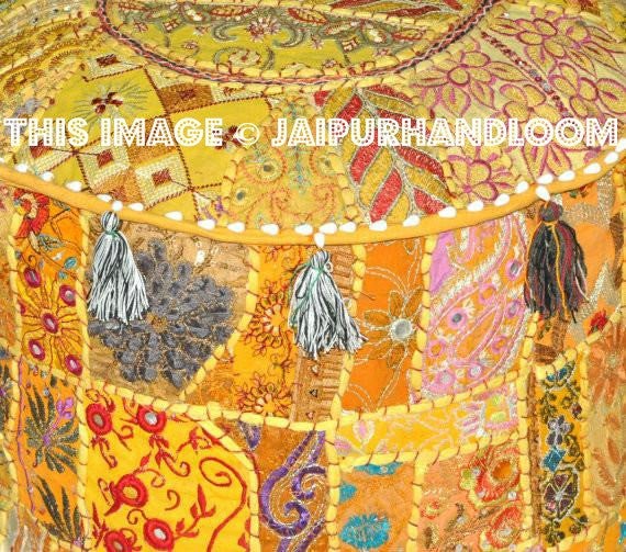 Ottoman Pouf Floor Pillow in yellow playroom seating-Jaipur Handloom