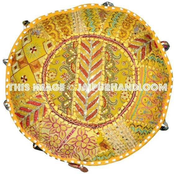 Ottoman Pouf Floor Pillow in yellow playroom seating-Jaipur Handloom
