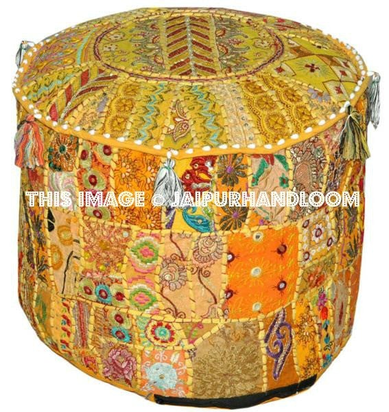 Ottoman Pouf Floor Pillow in yellow playroom seating-Jaipur Handloom
