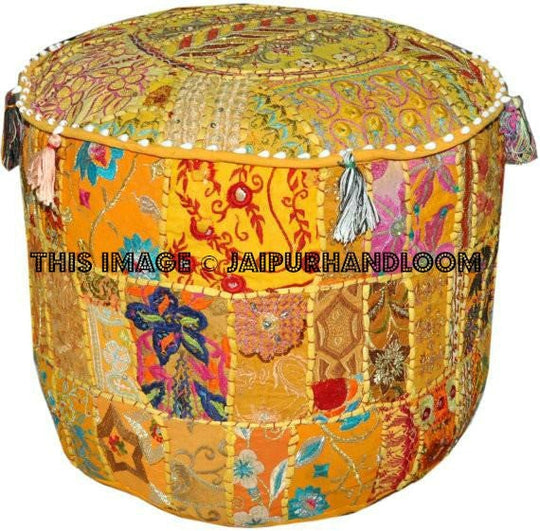 Ottoman Pouf Floor Pillow in yellow playroom seating-Jaipur Handloom