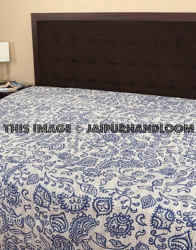 Paisley Kantha Quilt In Queen Size, Bohemian Kantha Bedspread, queen sofa throw, Indian handmade quilts-Jaipur Handloom