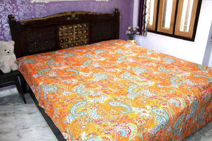 Paisley Kantha Throw Queen Size Indian Quilt Bohemian Kantha Blanket