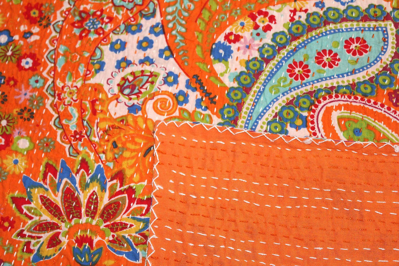 Paisley Kantha Throw Queen Size Indian Quilt Bohemian Kantha Blanket