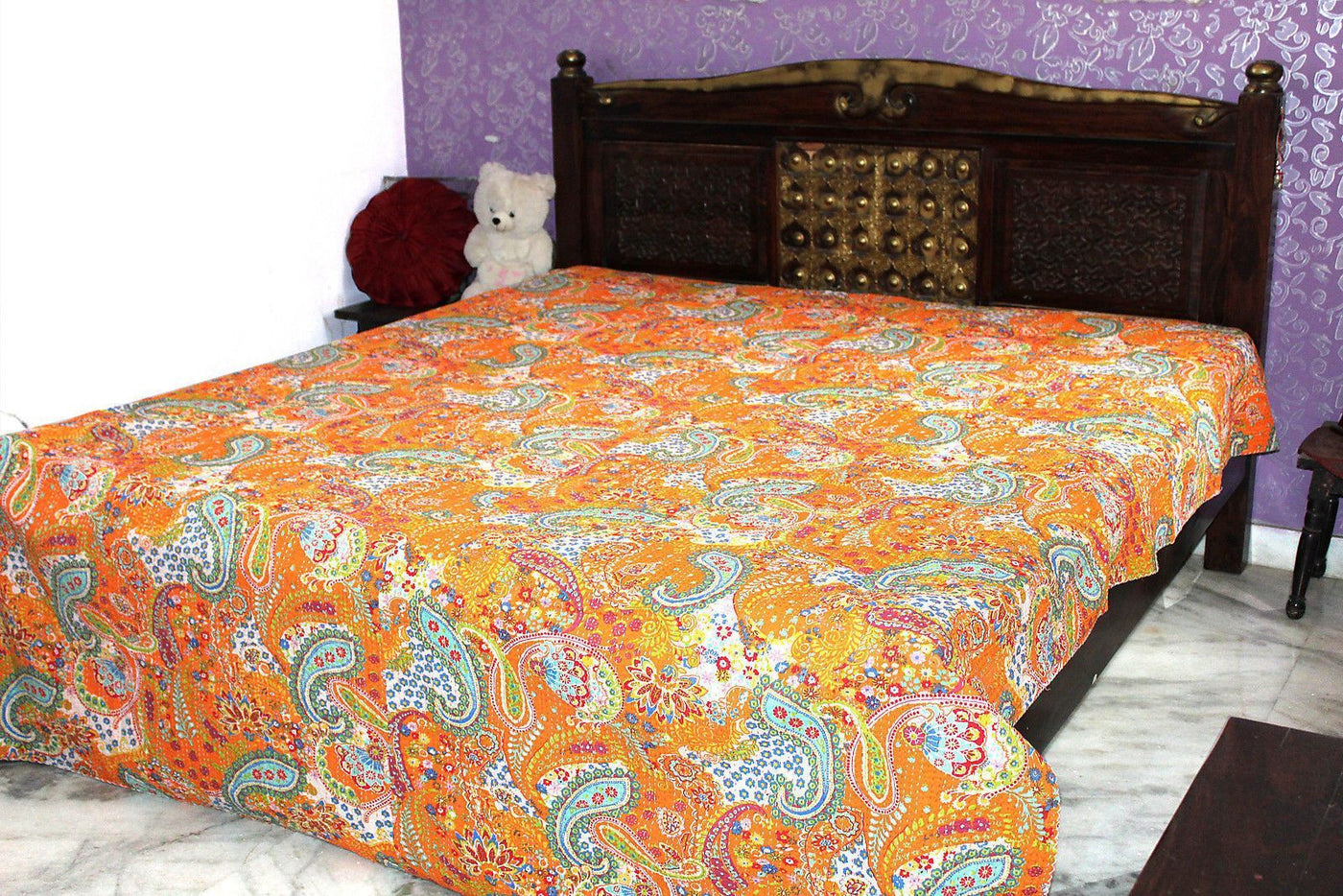 Paisley Kantha Throw Queen Size Indian Quilt Bohemian Kantha Blanket