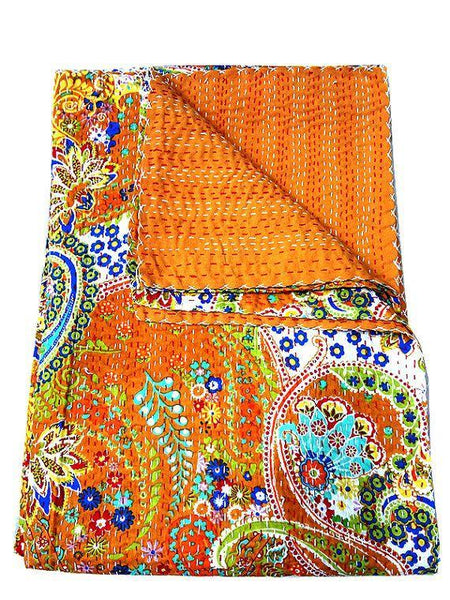 Paisley Kantha Throw Queen Size Indian Quilt Bohemian Kantha Blanket