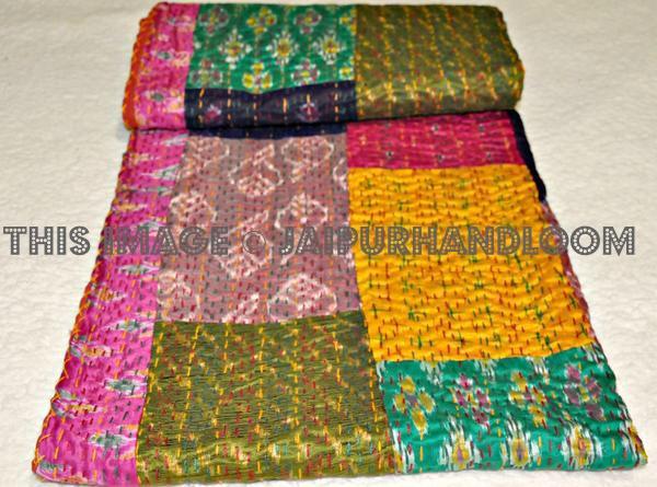 Patchwork Kantha Quilt in Queen Size Bohemian Kantha Bedding Bed Cover