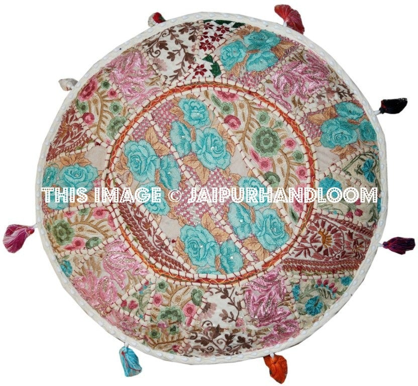 Patchwork Poufs - 22X12 inches Indian Embroidered Poufs Ottoman-Jaipur Handloom