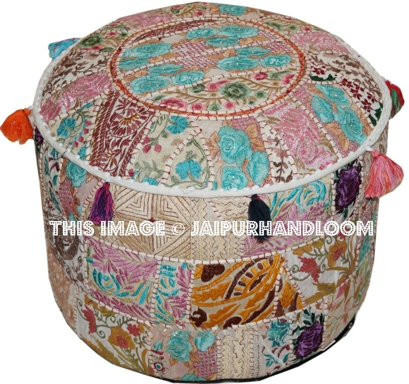 Patchwork Poufs - 22X12 inches Indian Embroidered Poufs Ottoman-Jaipur Handloom