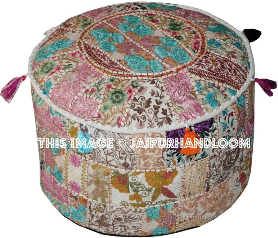 Patchwork Poufs - 22X12 inches Indian Embroidered Poufs Ottoman-Jaipur Handloom