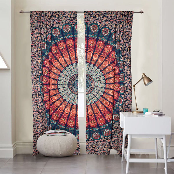 Peacock mandala door curtains indian cotton window hanging drapes tapestries-Jaipur Handloom