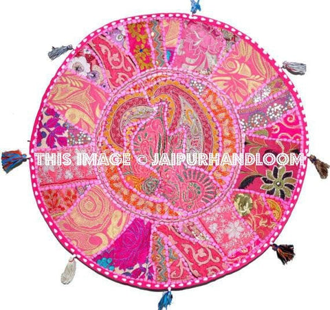 Pink 22" Patchwork Round Floor Pillow Cushion round embroidered Bohemian Patchwork floor cushion pouf Vintage Indian Foot Stool Bean Bag-Jaipur Handloom