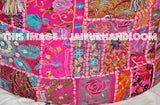 Pink Bohemian Vintage Patchwork Indian Pouf Round Ottoman-Jaipur Handloom