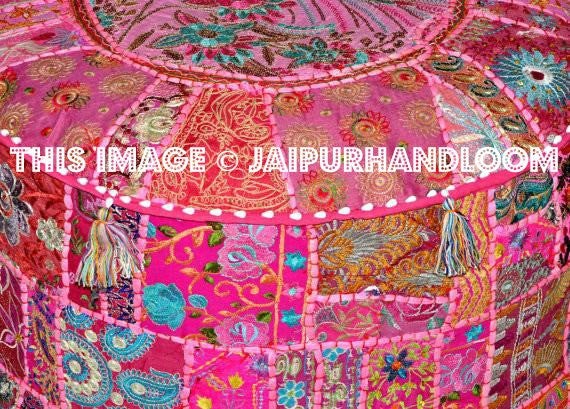Pink Bohemian Vintage Patchwork Indian Pouf Round Ottoman-Jaipur Handloom