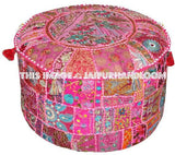 Pink Bohemian Vintage Patchwork Indian Pouf Round Ottoman-Jaipur Handloom