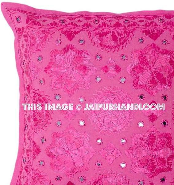 Pink Decorative Mirror Work Pillow cover for couch Pink Throw Pillow Accent PIllow-Jaipur Handloom
