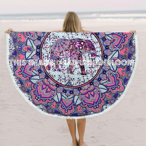 Pink Elephant Mandala Round Beach Throw, Beach Round Towel-Jaipur Handloom