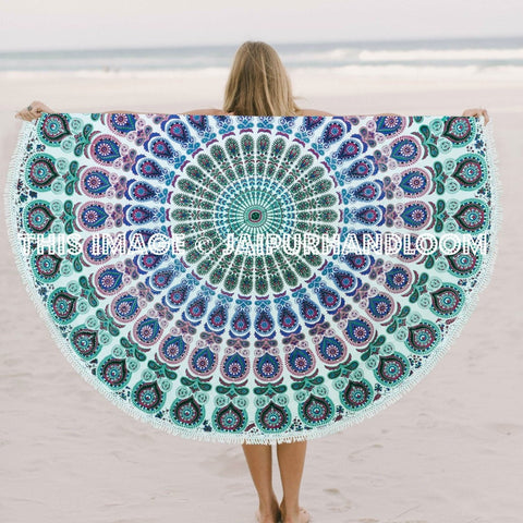 Pink Green Peacock Mandala Roundie Tassel Beach Sheet Yoga Mat Tapestry-Jaipur Handloom