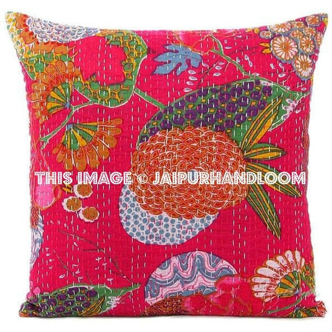 Pink Kantha Pillow, Kantha Cushion, Kantha Decorative throw Pillow, kantha cushion, Floral Pillow Cushion, Indian Pillow kantha Gypsy pillow-Jaipur Handloom