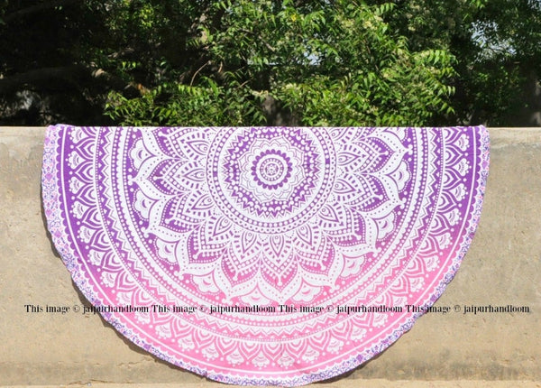 Pink Ombre Round Mandala Beach Towel Throw Roundie by "JAIPUR HANDLOOM"-Jaipur Handloom