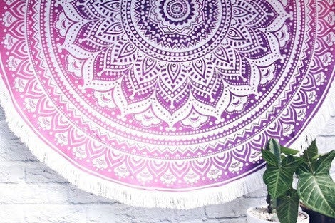 Pink Ombre Round Mandala Tassel Fringing Beach Throw Roundie Yoga Mat-Jaipur Handloom