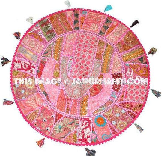 Pink XL 32" Big Round seating Floor Pillow Cushion Bohemian Patchwork floor cushion pouf Vintage Indian Foot Stool Bean Bag-Jaipur Handloom